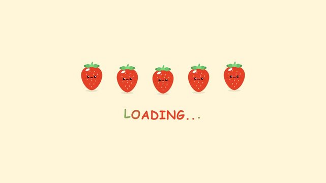 Cute kawaii strawberry characters floating with animated loading text wave on cream background, seamless loop flat vector motion graphic