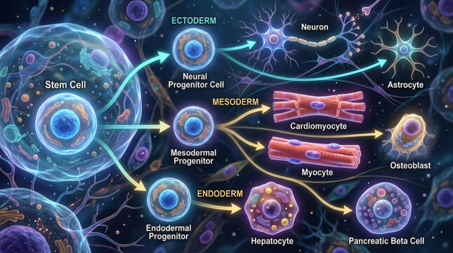 Diagram illustrating stem cell differentiation into various cell types like neurons, cardiomyocytes, and hepatocytes, showcasing the ectoderm, mesoderm, and endoderm germ layers