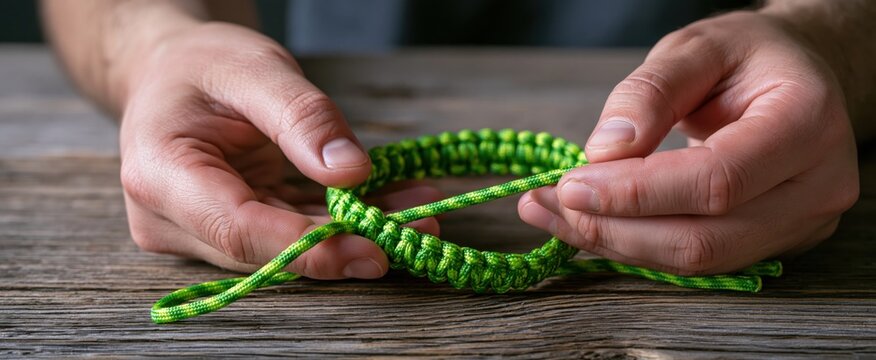 Hands weaving a vibrant green paracord bracelet on a rustic wooden surface.