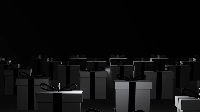 Rows of black gifts with surprise colourful gift box black background