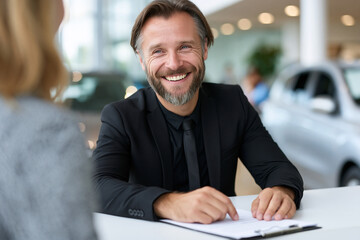 Obraz premium Smiling man sits at desk, ready to assist. Customer faces him, engaged in conversation. Modern showroom background with cars visible. Professional demeanor conveys trust and enthusiasm