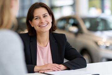 Obraz premium Warm smile meets customer at car dealership. Confident salesperson listens attentively. Professional setting with soft lighting. Blurred vehicle background enhances focus. Ideal for automotive
