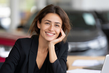 Obraz premium Warm smile, relaxed pose, professional setting. Dark hair, black blazer, confident expression. Background features blurred vehicles and workspace. Ideal for business, finance. Suggests satisfaction