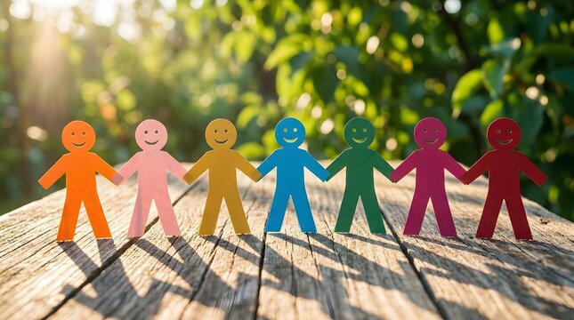Vibrant array of colorful paper figures with smiling faces holding hands placed on a rustic wooden surface against a softly blurred green background symbolizing unity and friendship for Friendship Day