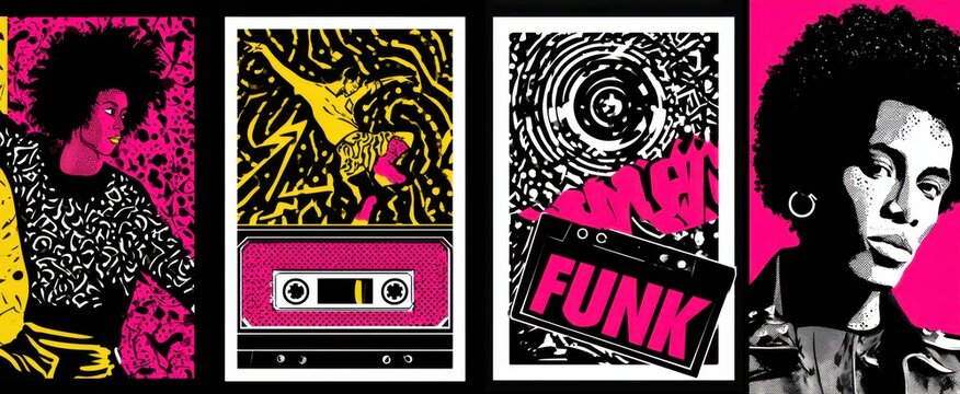 80s funk music flyers in vintage comic style. Typography designs featuring dancers, cassette tapes, and dynamic patterns, vibrant nostalgic dance vibe, bold lettering and artistic layouts.