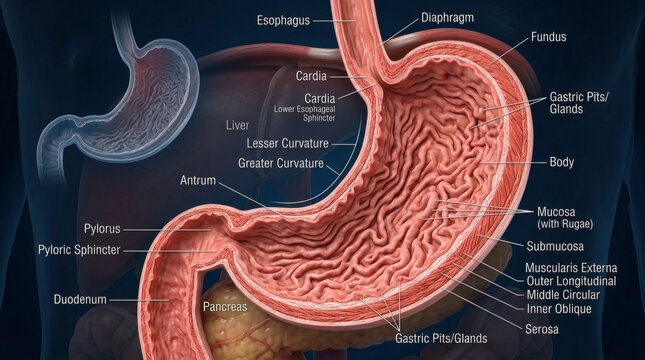 Detailed illustration of the human stomach, highlighting its anatomy and internal structures. Labels point to various parts, including the esophagus, diaphragm, fundus, cardia, body, and duodenum