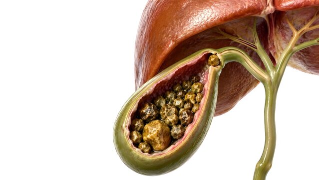 gallstones within the human gallbladder and a Gallstone obstructing the cystic duct. Detailed biliary system, liver anatomy, and cholelithiasis pathology rendered in high resolution on a clean white b