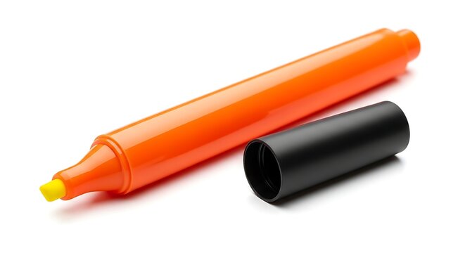 Orange felt tip marker pen with removed black cap on white surface, highlighter
