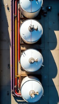 Aerial view of industrial storage tanks. Large white cylinders connect to colored pipes. Infrastructure for liquid or gas transport. Complex network of pipelines and storage units.