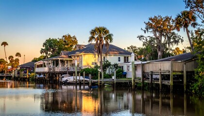 Obraz premium Sunlit Waterfront House Reflecting on Calm Canal at Sunset with Palm Trees