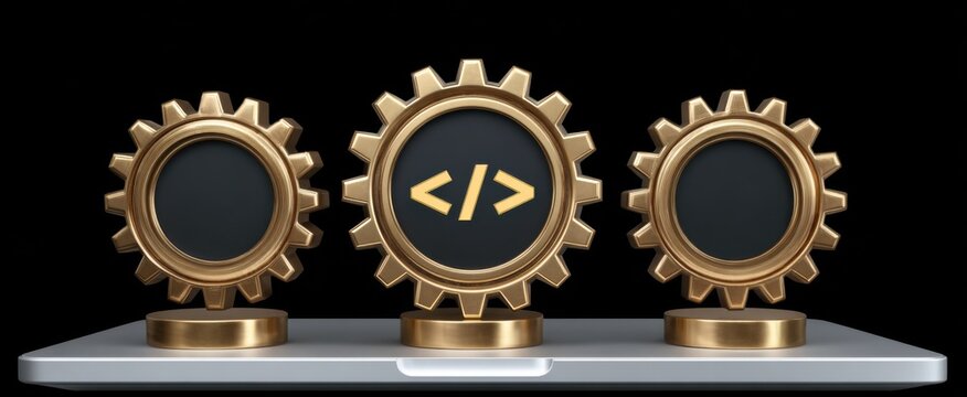 3D Metal gear cog broken gear and code bracket icon for mechanical issues and software design.
