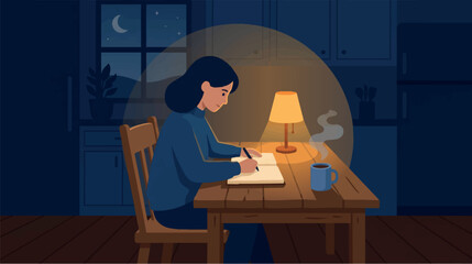 Young Woman Writing in Notebook under Table Lamp Light at Night Kitchen © ElcinSoft