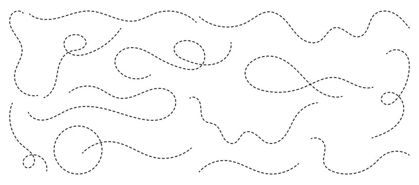 Big collection of hand drawn curve dotted line, spiral dotted line hand drawn, dotted lines path on white background. Path travel dotted line trip dashed trace destination track plan and travelling
