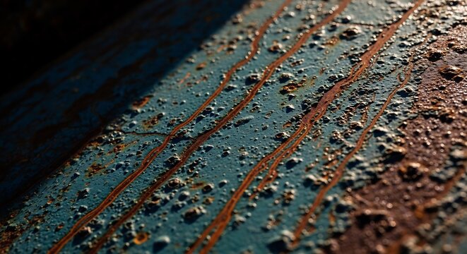 Close-up of weathered metal surface with rust streaks and peeling paint.