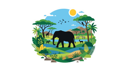 Fototapeta premium African Safari Landscape with Elephant, Giraffe, and Zebras