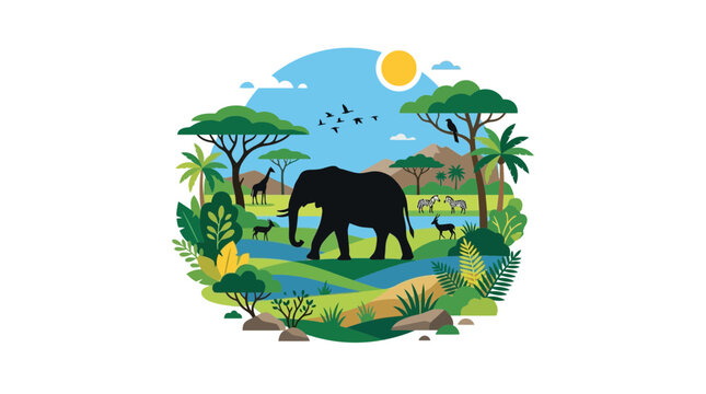 African Safari Landscape with Elephant, Giraffe, and Zebras