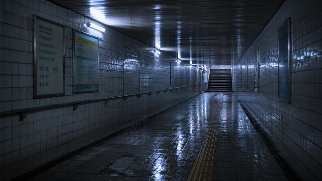 蛍光灯が照らす夜の地下通路
