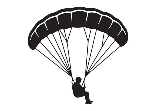 paraglider in sky logo silhouette vector, flying with a parachute silhouette vector illustration, extreme sport logo silhouette, skydiving parachute logo vector silhouette on white background.