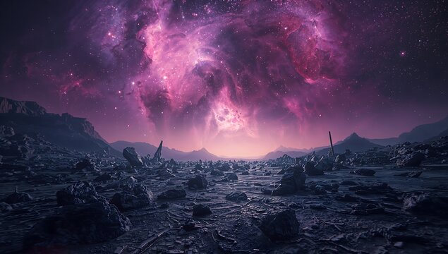 Cinematic wide alien landscape with glowing purple nebula and rocks