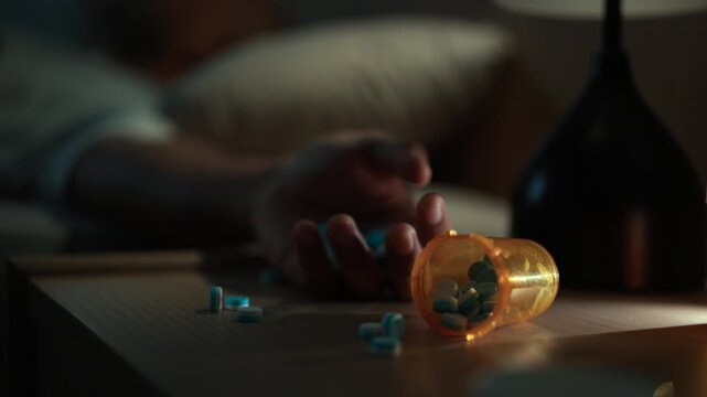 Depressed man sitting on bed holding sleeping pills and medication bottles. Medication overdose risk, mental health crisis, emotional stress and healthcare concept.
