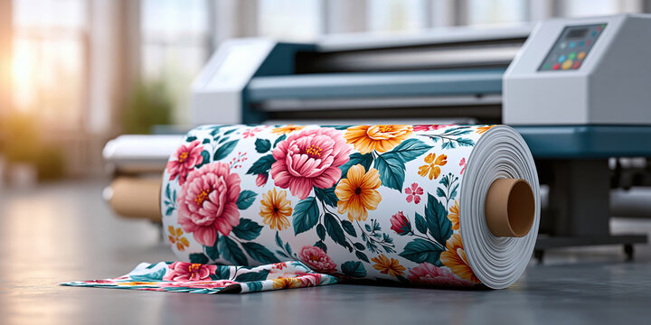 Floral fabric roll workshop table showing colorful bloom pattern supply chain connection with