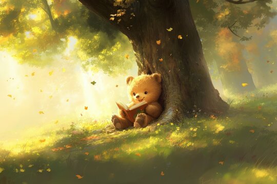 大木の下で読書するクマのぬいぐるみ