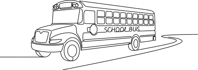A single line drawing of a school bus moving along a road. © widia