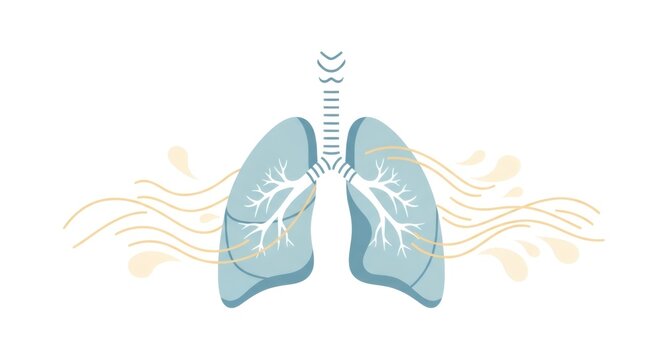 Human lungs illustration with flowing air breeze. Anatomy of respiratory system and organ breath concept. Medical educational graphic design for pulmonology, health check and lung disease.