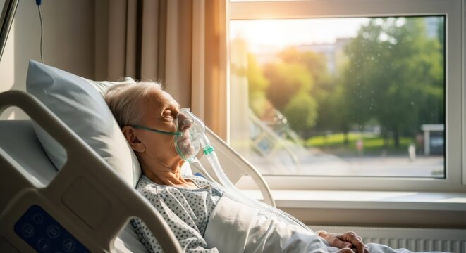 Elderly woman with oxygen mask lying in hospital bed. Ill patient recovering in clinical ward. Healthcare, geriatric medicine and monitoring of respiratory health in medical facility.