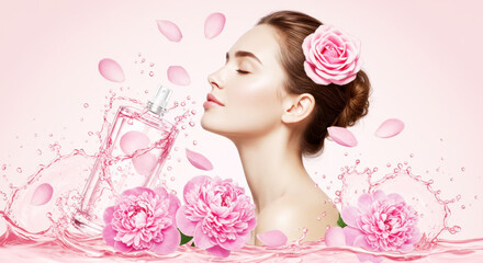Fototapeta premium Young woman with pink rose in hair and perfume bottle. Floral fragrance advertisement with water splash and peonies. Beauty and skincare concept on pink background