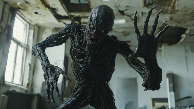 Menacing horror creature with sharp claws in an abandoned, dilapidated room. Scary monster emerging from the shadows, evoking fear and nightmare. Halloween concept