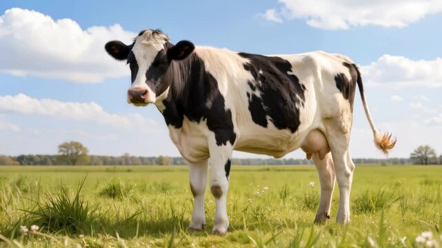 Black and white dairy cow standing in a green pasture beneath a blue sky. Agricultural livestock and rural farming scene.