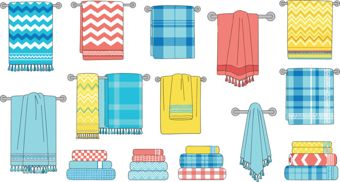 Colorful Bathroom Towel Vector Set Hanging on Rails and Folded in Stacks with Geometric Patterns for Home Textile and Interior Design