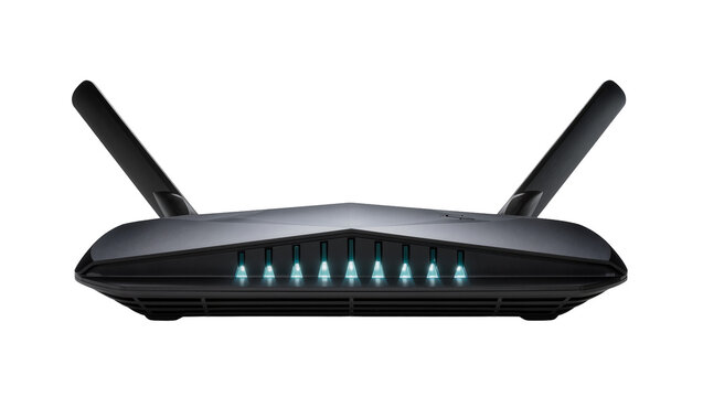 Modern black wireless router with antennas and blue LED lights
