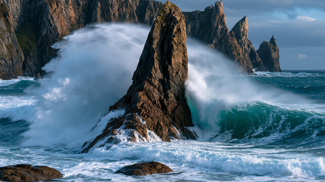 Sea stack rock formation in pounding Atlantic surf, coastal erosion isolating basalt column from mainland cliff, wave spray and mist surrounding geological monument, hard rock versus soft wave in co