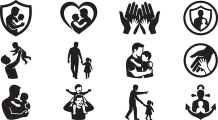 Fototapeta premium Father and child silhouette icon set for happy fathers day concept, vector dad hugging and protecting daughter or son icons pack