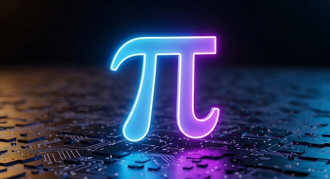 Glowing neon pi symbol on a circuit board against a dark background, concept of math and tech