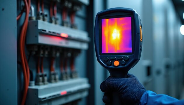 Hand in glove uses thermal imager camera to inspect electrical panel with heat anomalies. Technician checks circuit breaker box for overload or short circuit issues.