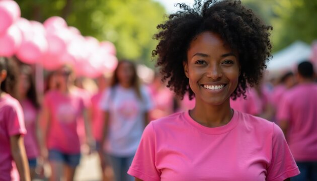 Smiling Black woman wears pink shirt at breast cancer awareness event. Crowd of people in pink walk behind, holding pink balloons. Support, hope, community for charity walk.