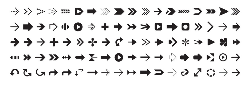 Large collection of diverse black arrow icons for website navigation and ui design