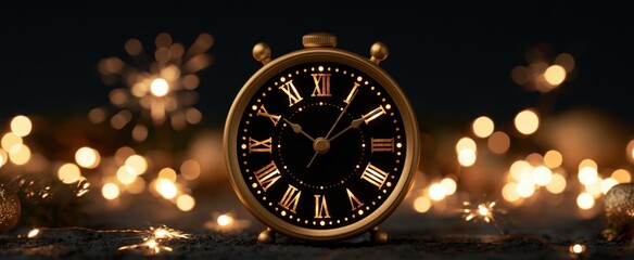 Obraz premium Golden clock at midnight radiates festive lights celebrating New Year 2027 in darkness.