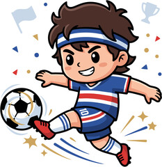 Obraz premium Cute Soccer Boy Kicking Football Cartoon Vector Illustration