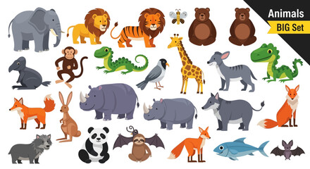 Obraz premium Cute cartoon animals big set, colorful wild animal character collection, zoo and safari wildlife vector illustrations for kids education