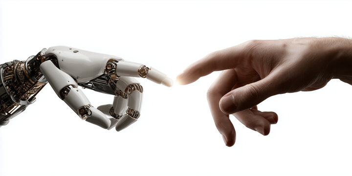  Robot and human hands reaching toward each other in a modern Creation of Adam concept, symbolizing the fusion of artificial intelligence and human connection, isolated on a transparent background.
