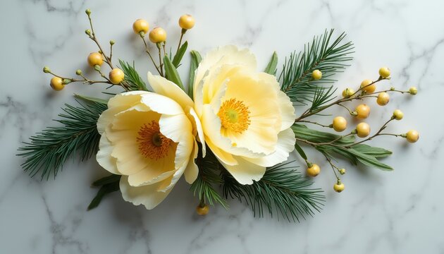 Elegant pastel yellow flowers with berries and pine branches on marble. Soft pastel floral arrangement with botanical elements. Spring blossom composition on stone surface.