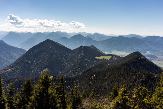 Panoramic Alpine View from Herzogstand Summit with Heimgarten Ridge Trail in Bavaria Germany