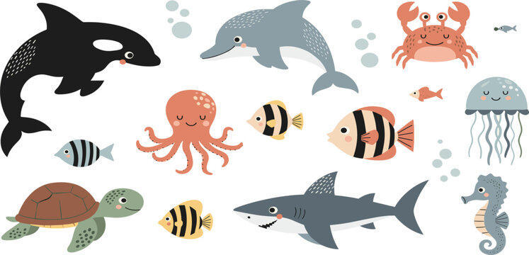 Cute Sea Animal Collection with Dolphin Shark Orca Octopus Turtle Jellyfish Crab and Ocean Life Cartoon Vector Illustration Set