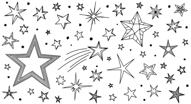 Hand drawn star doodles collection, black and white celestial sketch elements, set of decorative star icons for holiday and magic themes