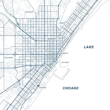Chicago City Map Aerial View with Lake Michigan Coastline