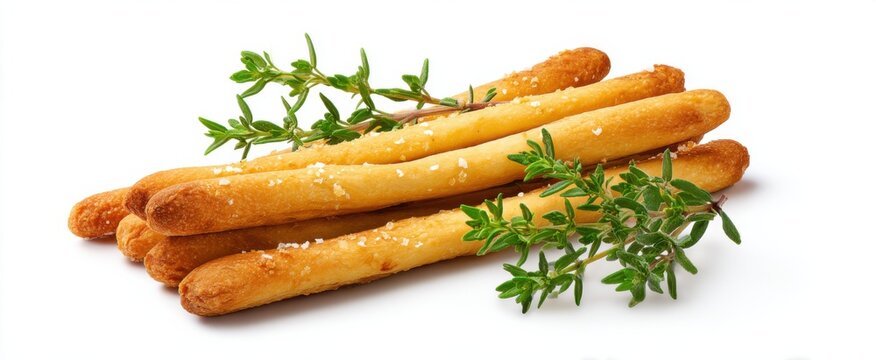 Crunchy thyme breadsticks sprinkled with Himalayan salt a timeless Mediterranean treat on white.